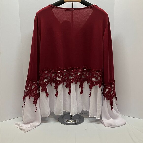 Cellabie Womens Red Lace Crochet V Neck Top with White Flare Underlay Size‎ 2XL - Picture 3 of 7